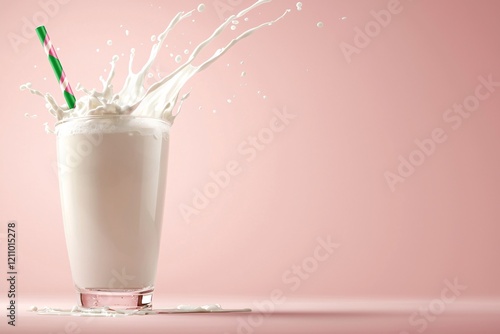 World milk day concenpt. A glass of milk with a green straw splashes against a pink background, creating a dynamic and refreshing scene. photo