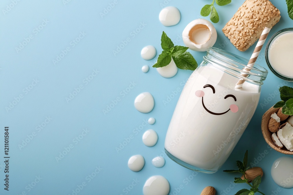 World milk day concenpt. A smiling glass of milk surrounded by mint leaves, nuts, and a straw on a blue background, creating a cheerful and fresh atmosphere. World milk day concenpt. A smiling glass of milk surrounded by mint leaves, nuts, and a straw on a blue background, creating a cheerful and fresh atmosphere.