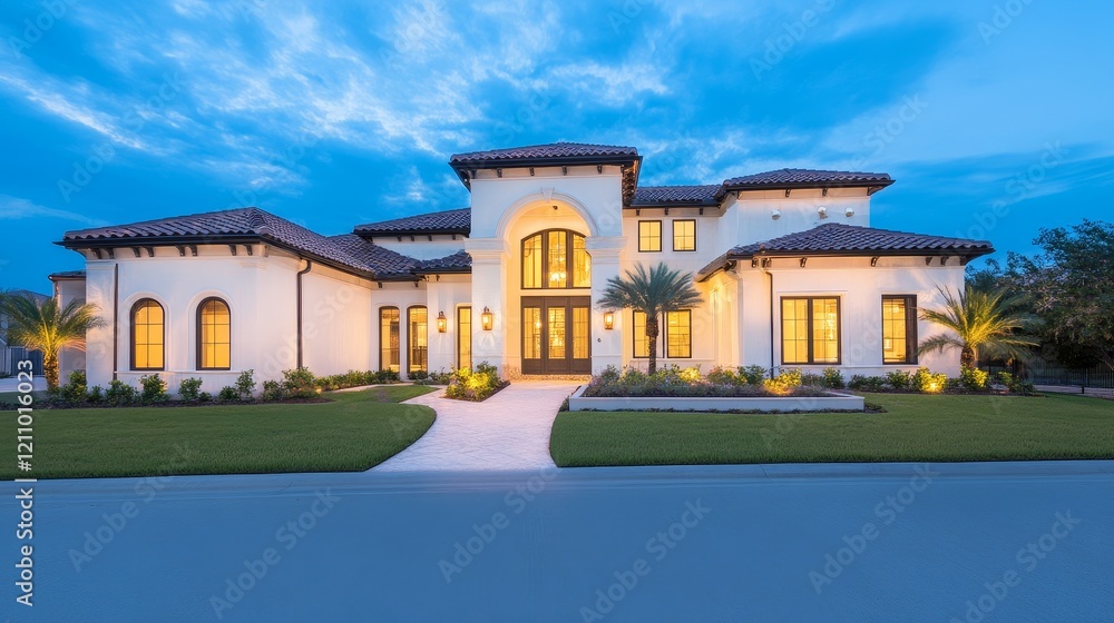 A modern, elegant two-story house illuminated at dusk with lush landscaping. A modern, elegant two-story house illuminated at dusk with lush landscaping.