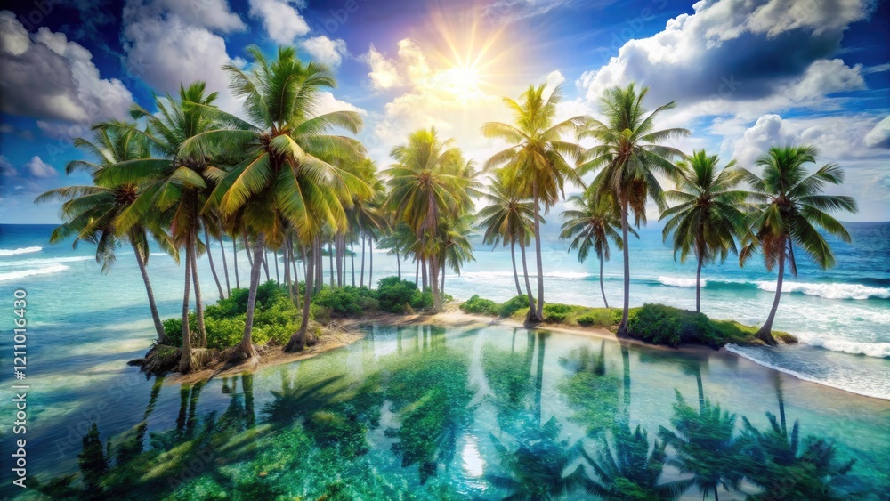 Double exposure: vibrant palms reflected in tranquil ocean; summer's idyllic island escape. Double exposure: vibrant palms reflected in tranquil ocean; summer's idyllic island escape.