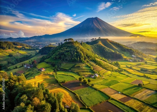 Drone captures breathtaking Silancur sunrise: Mount Sumbing's peak dominates Indonesia's picturesque countryside. photo