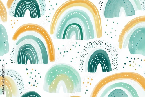 Watercolor rainbows in green and yellow palette pattern