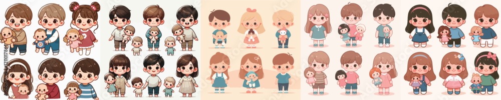 vector set of small children holding cute dolls vector set of small children holding cute dolls