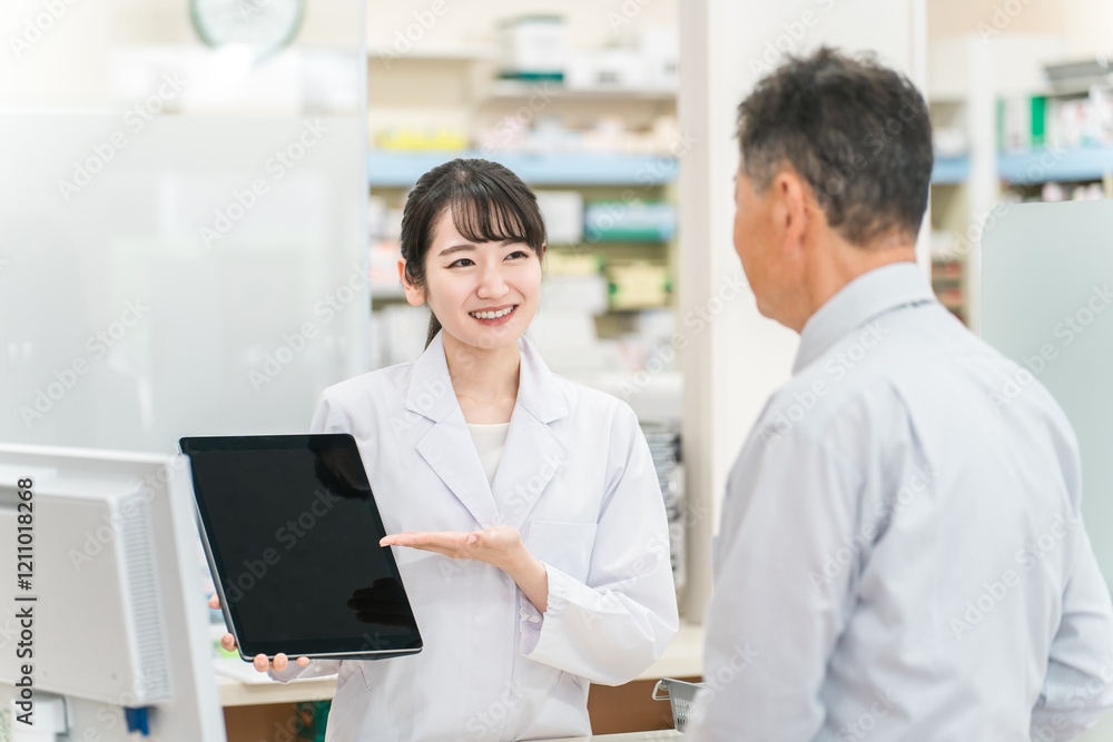 薬局でタブレットPCを使いながら説明する薬剤師・調剤師(レセコン・レセプトコンピュータ)
薬局でタブレットPCを使いながら説明する薬剤師・調剤師(レセコン・レセプトコンピュータ)