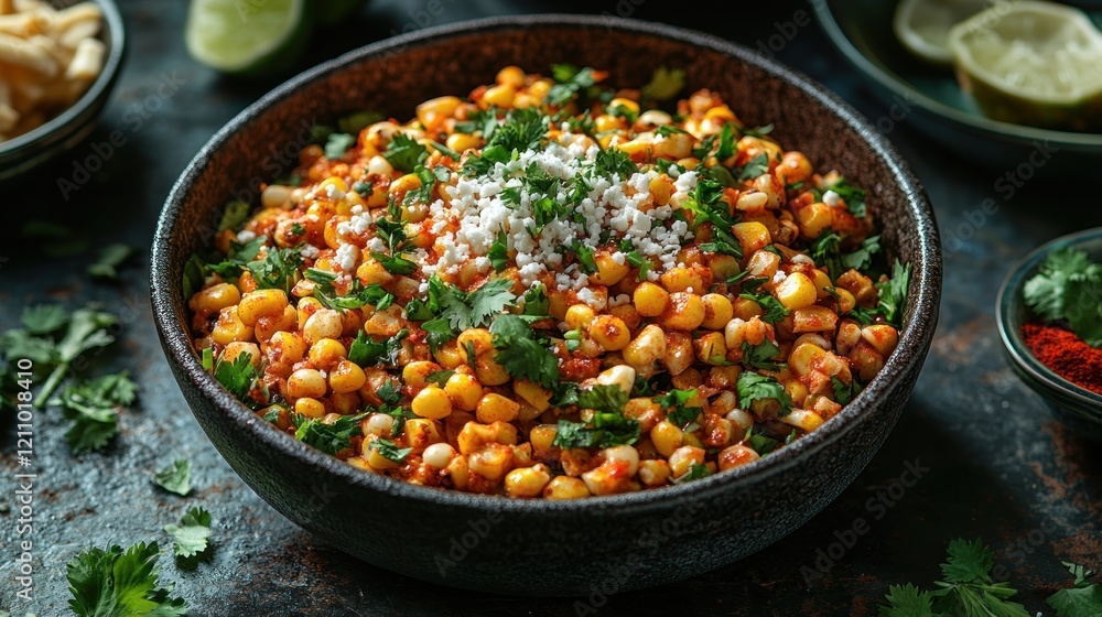 Vibrant bowl of corn salad with herbs and spices, garnished with cheese, on a rustic table Vibrant bowl of corn salad with herbs and spices, garnished with cheese, on a rustic table
