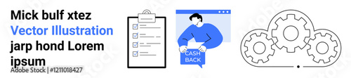 Clipboard checklist, person with cash back sign, interlocking gears. Ideal for business strategies, productivity tips, financial insights, technology concepts, workflow automation, marketing