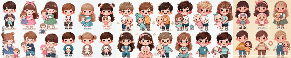 vector set of small children holding cute dolls vector set of small children holding cute dolls