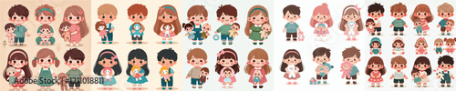 vector set of small children holding cute dolls