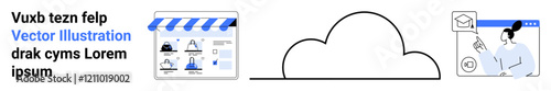 Cloud connecting an online storefront and an educational interface with a teacher and student avatar. Ideal for e-learning, cloud technology, digital classrooms, online courses, virtual learning