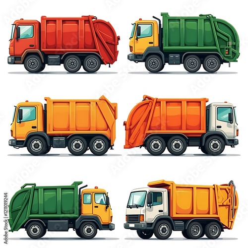 Colorful Garbage Truck Icon Set Six Designs on White Background