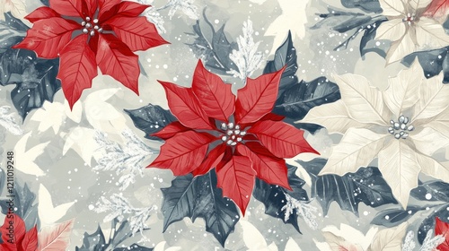 Red & white poinsettias winter floral seamless pattern background textile design