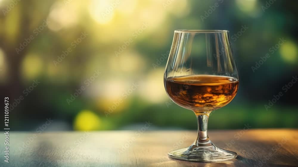 Elegant glass of amber wine capturing sunlit reflections on a wooden table Elegant glass of amber wine capturing sunlit reflections on a wooden table