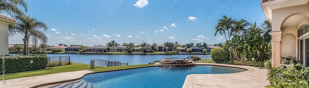 Luxury pool home, waterfront view, sunny day, tropical landscape Luxury pool home, waterfront view, sunny day, tropical landscape