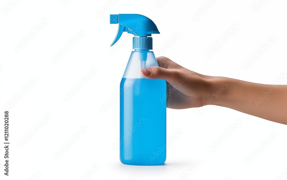 Hand hold blue bottle spray, isolated on white background Hand hold blue bottle spray, isolated on white background