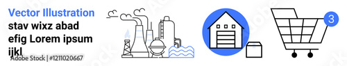 Factory with chimneys, warehouse, and shopping cart with 3 bubble. Ideal for supply chain, logistics, industry, e-commerce, manufacturing, warehouse management, retail. Landing page