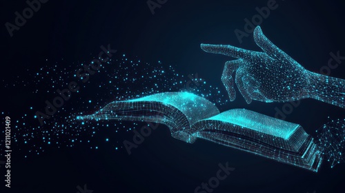 Digital Learning: A Polygonal Hand Navigates a Futuristic Book, Symbolizing Online Education and Knowledge Access in the Digital Age.