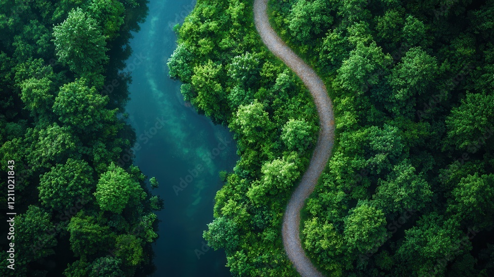 Winding path alongside a serene river flowing through a lush green forest in the early morning light Winding path alongside a serene river flowing through a lush green forest in the early morning light
