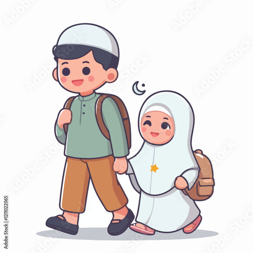 Muslim brother and sister walking to school holding hands