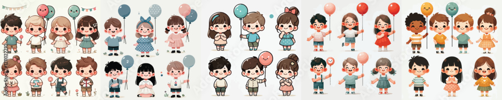vector set of small children holding balloons vector set of small children holding balloons