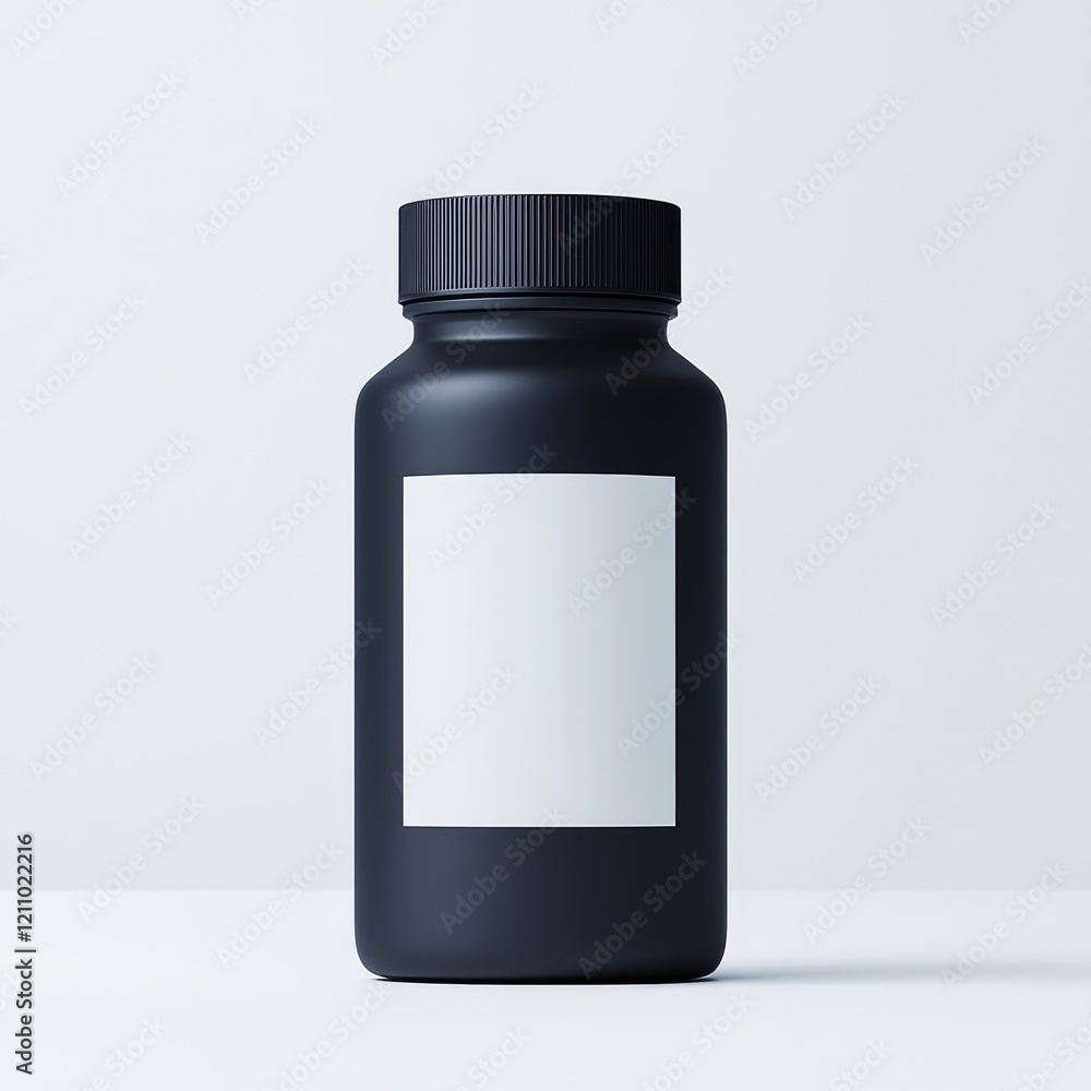 Black plastic bottle with blank white label, isolated on white background. (2) Black plastic bottle with blank white label, isolated on white background. (2)