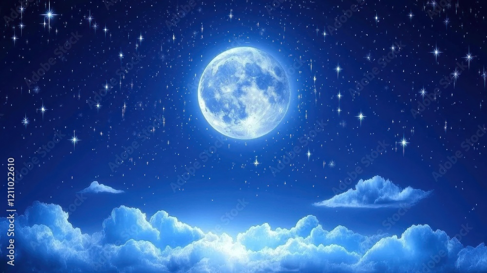 A serene night sky with a large moon and twinkling stars above soft clouds. A serene night sky with a large moon and twinkling stars above soft clouds.
