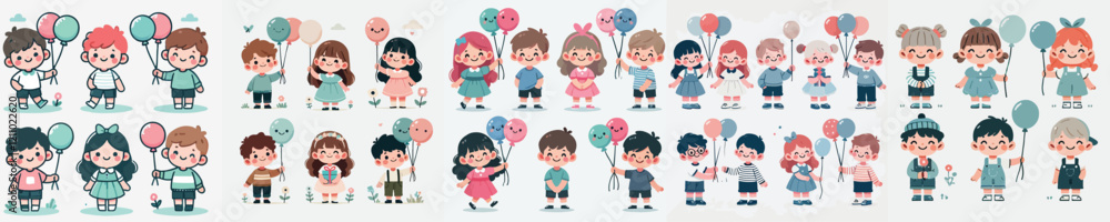 vector set of small children holding balloons vector set of small children holding balloons