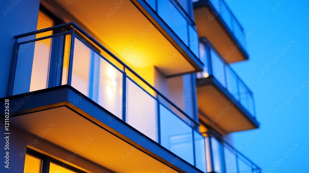 Fototapeta premium A close-up of illuminated balconies on a modern building at dusk.