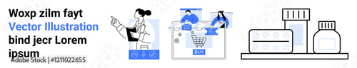 Doctor consulting a patient via video call, patient ordering medication through an online shopping cart, and a display of medications. Ideal for telemedicine, e-health, online pharmacies, digital