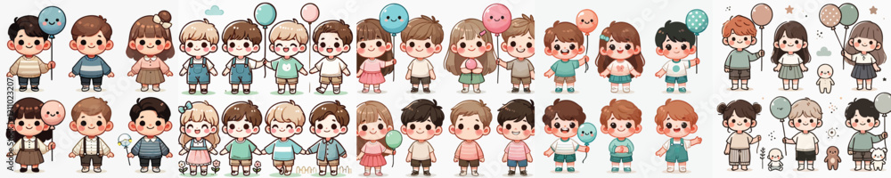 vector set of small children holding balloons vector set of small children holding balloons