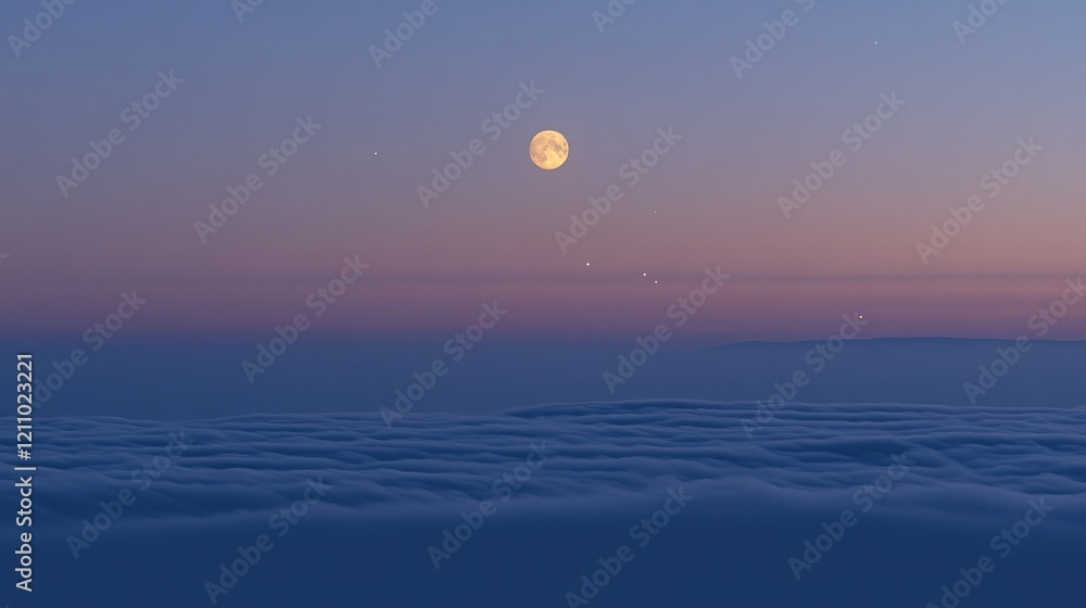 A serene twilight scene featuring a full moon above a sea of clouds. A serene twilight scene featuring a full moon above a sea of clouds.