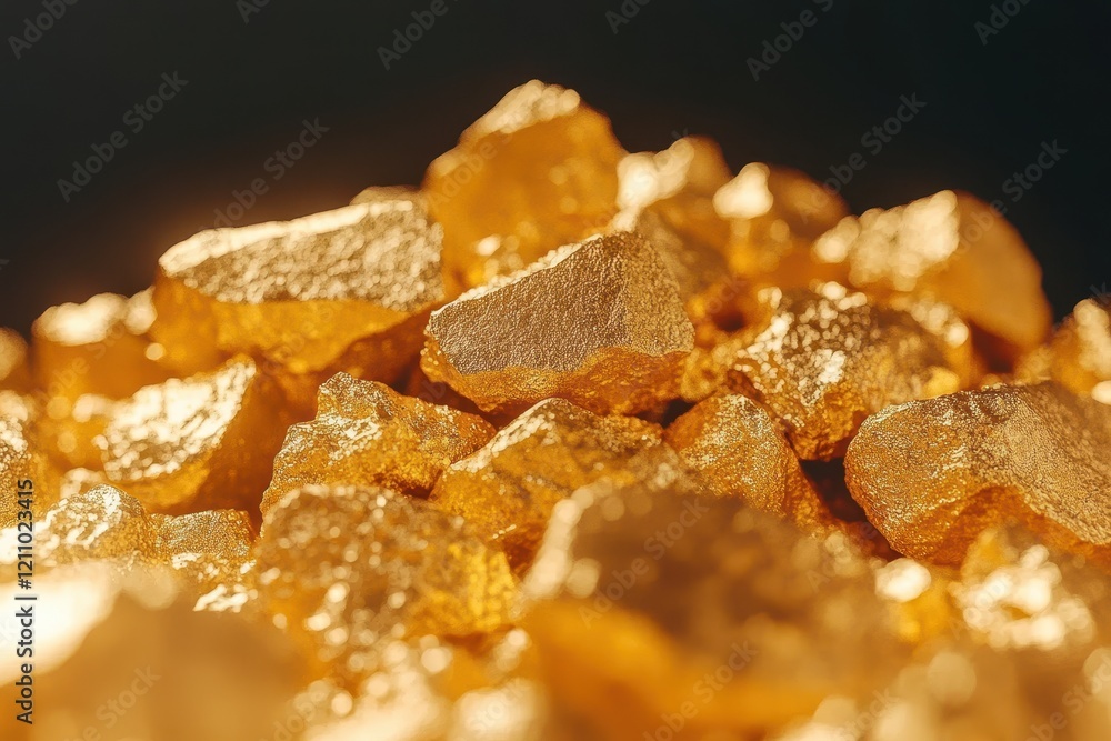 Close-up of glittering gold nuggets, richly textured. Illustrates wealth, success, and luxury concepts.