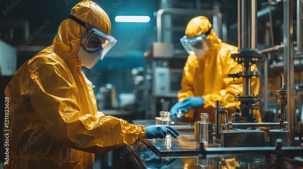 Workers in hazmat suits inspect samples in a lab. Illustrates pharmaceutical manufacturing, safety, or scientific research. Workers in hazmat suits inspect samples in a lab. Illustrates pharmaceutical manufacturing, safety, or scientific research.
