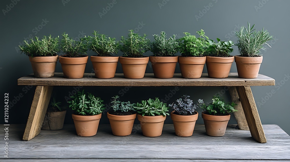 A rustic wooden shelf displays various potted herbs A rustic wooden shelf displays various potted herbs