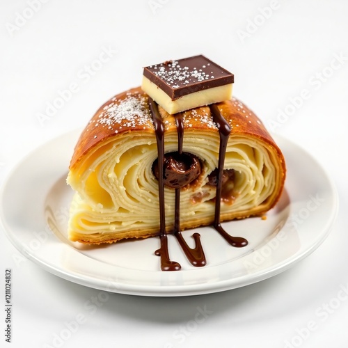 Delicious pastry slice drizzled with chocolate and topped with a chocolate square. photo