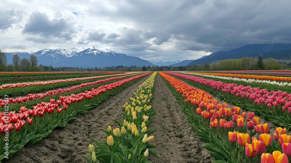 Vibrant Tulip Fields with Mountain View