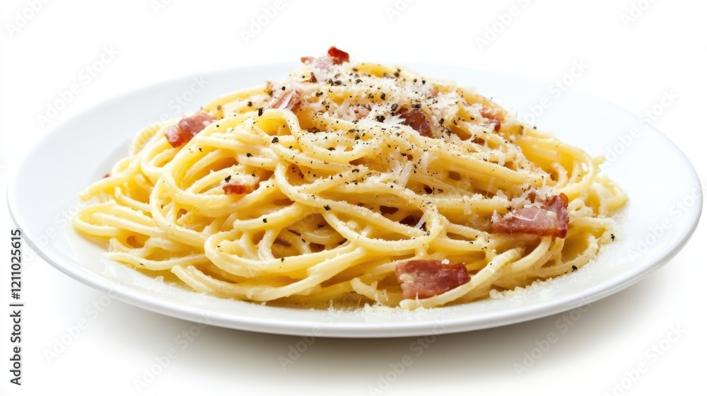 A plate of classic spaghetti carbonara with crispy pancetta, Parmesan cheese, and black pepper