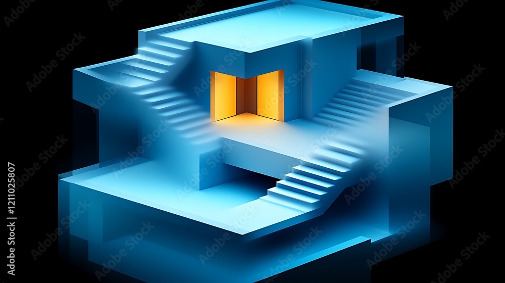 Abstract Blue Structure with Interlocking Staircases and a Door Abstract Blue Structure with Interlocking Staircases and a Door