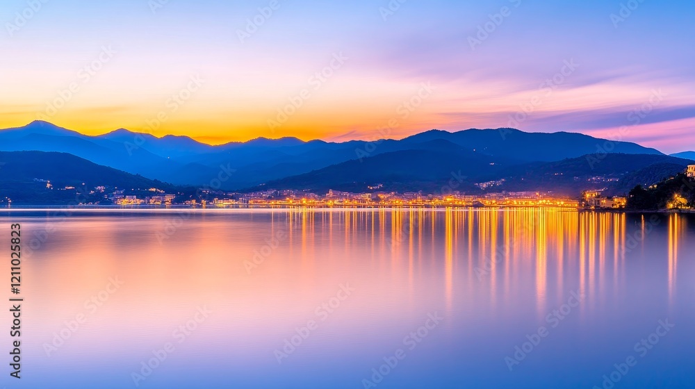 Fototapeta premium Serene sunset over a tranquil lake with mountains in the background.