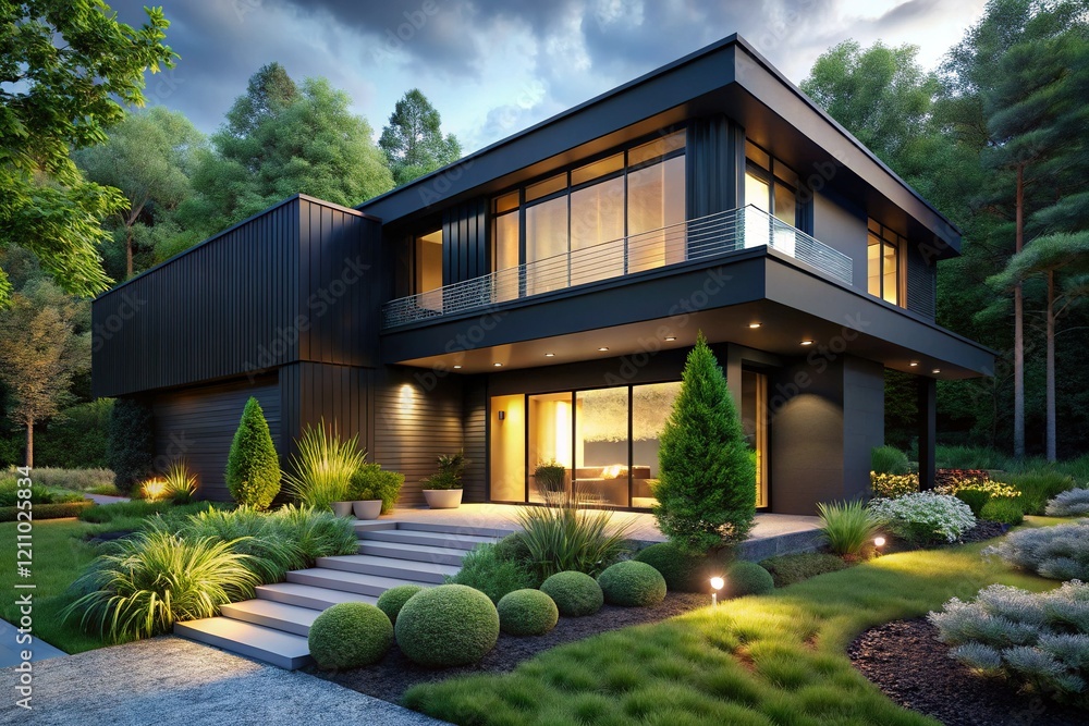Modern Black House, Lush Garden, Warm Interior Lighting - Architectural Stock Photo Modern Black House, Lush Garden, Warm Interior Lighting - Architectural Stock Photo