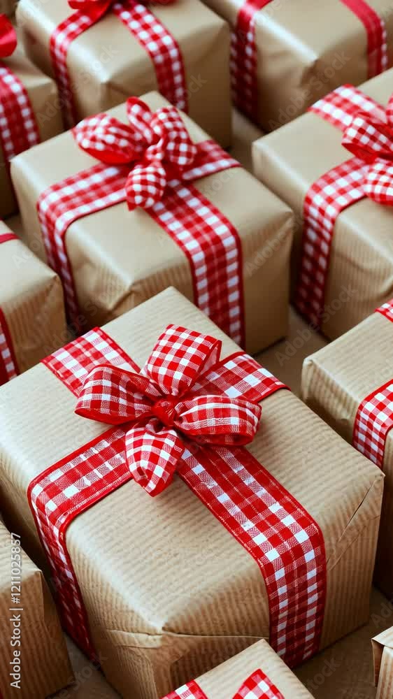 Wrapped gift boxes with red checkered ribbons arranged neatly for a festive celebration Wrapped gift boxes with red checkered ribbons arranged neatly for a festive celebration
