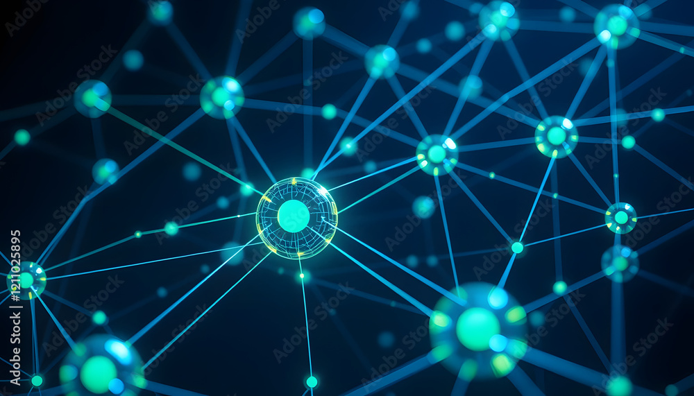 Glowing Network: Abstract Nodes and Connections in Teal Glowing Network: Abstract Nodes and Connections in Teal