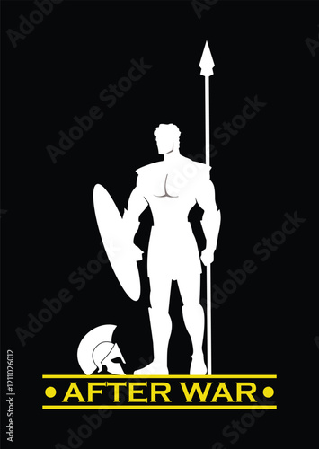 sparta warrior after war, holds shield and spear