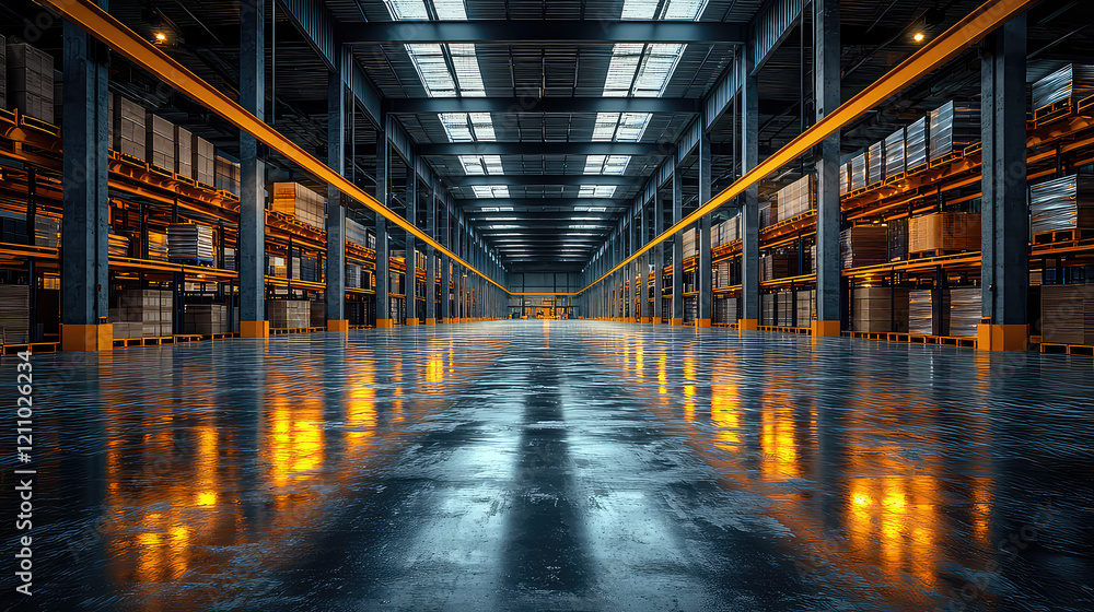 Obraz premium Vast industrial warehouse interior with high ceilings, rows of stacked pallets, and a reflective floor.