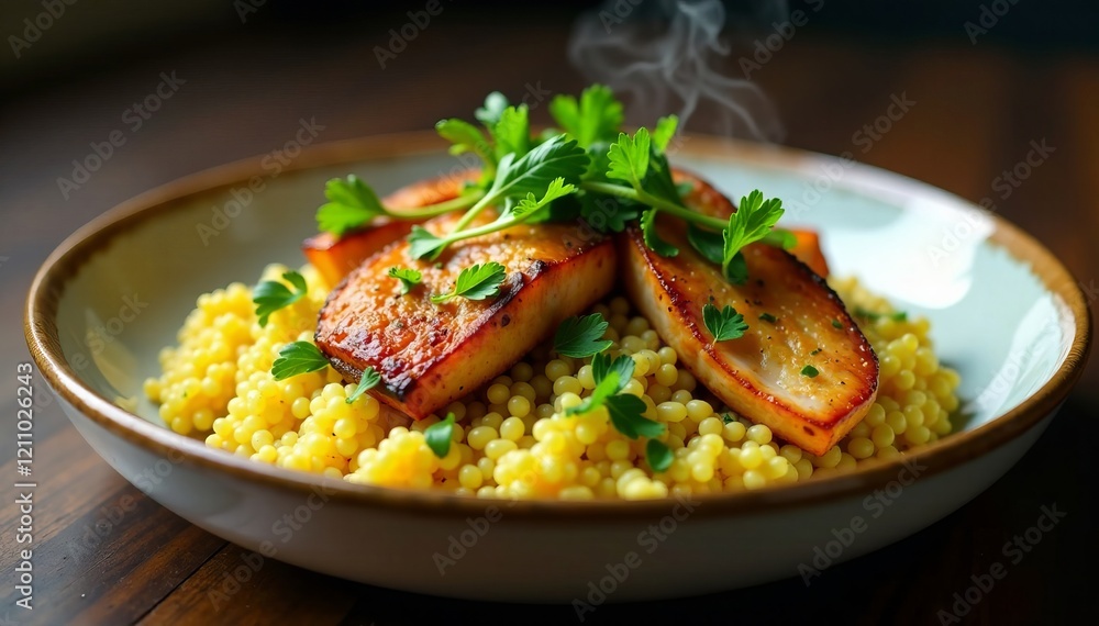 Delicious couscous topped with grilled fish and fresh herbs, steaming hot and appetizing. Delicious couscous topped with grilled fish and fresh herbs, steaming hot and appetizing.