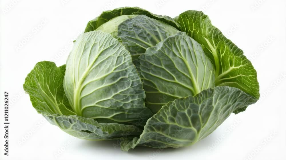 Fresh green cabbage rotation highlighting texture and color changes in crisp leaves Fresh green cabbage rotation highlighting texture and color changes in crisp leaves