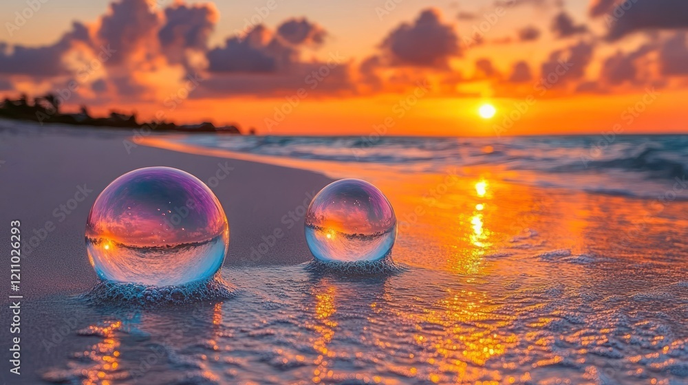 Sunset reflected in glass orbs on beach. Sunset reflected in glass orbs on beach.