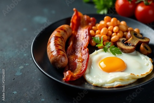 Delicious breakfast plate with eggs, bacon, sausage, beans, and mushrooms. photo