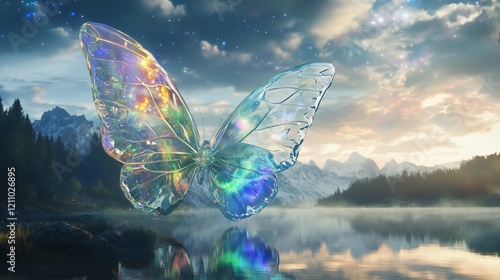 A delicate crystalline butterfly, its wings showcasing a kaleidoscope