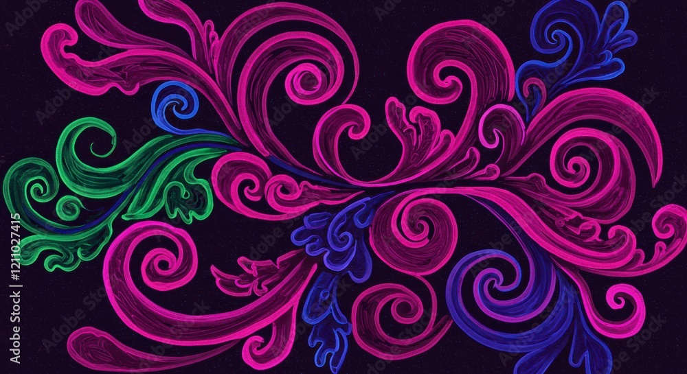 Swirling Floral Design: An abstract design featuring flowing, vibrant swirls of magenta, teal, and blue, set against a rich dark background, creates a captivating and eye-catching visual experience. Swirling Floral Design: An abstract design featuring flowing, vibrant swirls of magenta, teal, and blue, set against a rich dark background, creates a captivating and eye-catching visual experience.