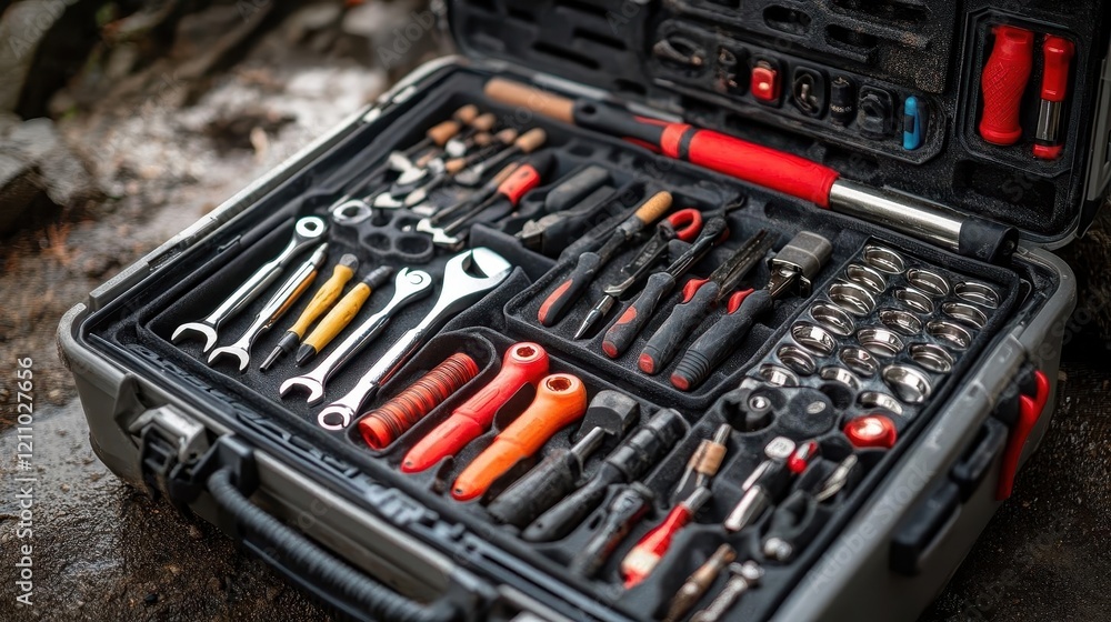 Toolbox on ground, close-up of open toolbox with neatly arranged tools, ready for use Toolbox on ground, close-up of open toolbox with neatly arranged tools, ready for use